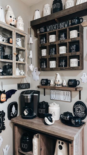 Halloween Themed Kitchen, Halloween Coffee Bar Ideas, Goth Coffee Bar, Spooky Coffee Bar, Horror Room Decor, Halloween Coffee Bar, Horror Room, Spooky Coffee, Household Accessories