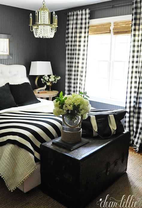 Jenni's Previous Home - Guest Room with Dark Beadboard Walls - Dear Lillie Studio Fabulous Bedrooms, Black And White Bedroom Ideas, Pretty Bedrooms, Modern Industrial Home, Black And White Bedroom, Check Curtains, Rustic Bedroom Design, White Bedroom Ideas, Dreamy Decor