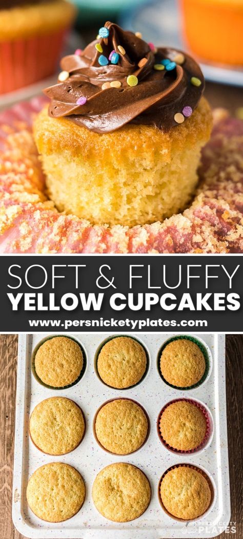 Learn to make the best yellow cupcake recipe with just a handful of baking staples in under 25 minutes! Cupcakes made from scratch should be a staple recipe in every baker's arsenal, and these are buttery soft, tender, and pair perfectly with your favorite frosting! Oil Cupcake Recipe, Yellow Cupcake Recipe From Scratch, Plain Cupcake Recipe, Homemade Cupcakes From Scratch, Yellow Cupcake Recipe, Cupcakes Recipes Easy, Best Cupcake Recipe, Easy Baking For Kids, Cupcake Recipes Uk