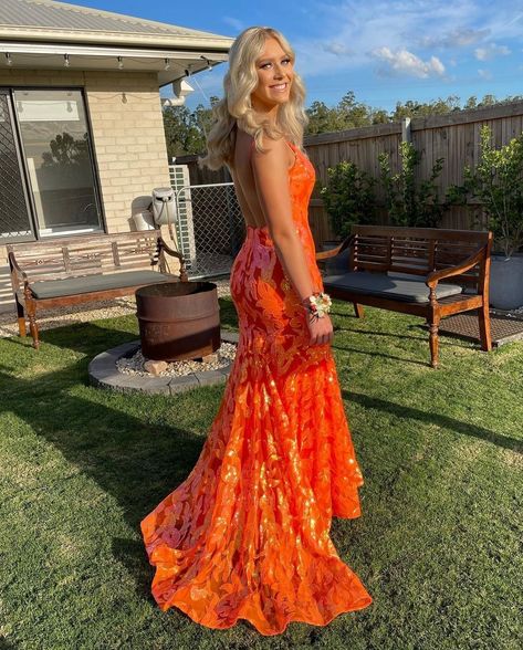 Orange Homecoming Dresses, Lace Long Prom Dress, Orange Prom Dresses, Glam Dress, Prom Dress Inspo, Homecoming Dresses Long, Unique Prom Dresses, Semi Formal Dresses, Prom Dress Inspiration