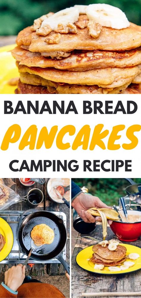 This Banana Bread Pancakes recipe belongs on your camping menu! Make the mix at home ahead of time, and then fry them up at the campsite. Topped with sliced banana, walnuts, and maple syrup, this is a camping breakfast that everyone in your family is sure to love! Pancakes Camping, Camping Pancakes, Vegetarian Camping Recipes, Rv Meals, Vegetarian Camping, Classic Pancake Recipe, Camp Meals, Banana Bread Pancakes, Bread Pancakes