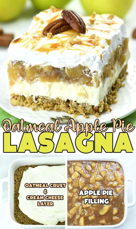 No Bake pecan oatmeal crust with brown sugar and cinnamon, vanilla cream cheese layer, homemade apple pie filling, whipped cream and caramel swirls, make this dessert perfect for fall. Apple Pie Lasagna, Apple Lasagna, Oatmeal Apple Pie, Dessert Lasagnas, Caramel And Apples, Apple Desert, Lush Desserts, Lasagna Dessert, Bake Snacks