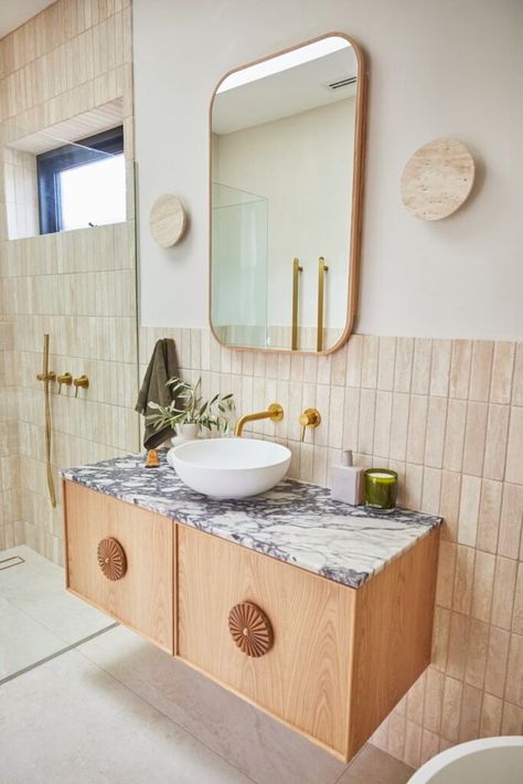 The Block 2024: Main Bathroom Reveals | Homes To Love Modern Mediterranean House, The Block Bathroom, Modern Mediterranean Homes, Outdoor Renovation, Modern Mediterranean, Mediterranean House, Deco Bathroom, Marble Vanity Tops, Main Bathroom