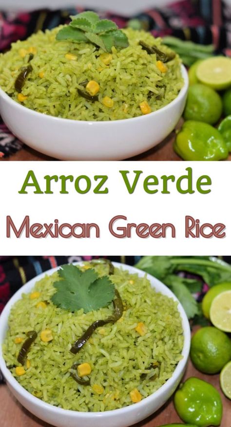 Mexican Green Rice, Green Rice Recipe, Latin Dishes, Mexican Side, Mexican Side Dishes, Verde Recipe, Garlic Spinach, Green Rice, Healthy Mexican