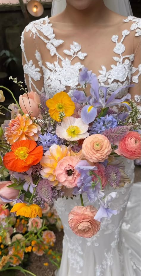 Colorful Floral Bouquets, March Bridal Bouquet, Asymmetrical Bouquet Wedding, Multicolor Bridal Bouquet, Wedding Bouquets Iris, Spring Floral Wedding Bouquet, Colorful Flower Bouquet Wedding, Colorful Spring Wedding Bridesmaids, Runuculous Wedding Bouquet