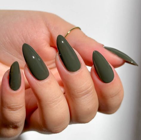 Dark Army Green Nails, Olive Green Aesthetics, Deep Olive Green Nails, Army Green Almond Nails, Olive Green Wedding Nails, Evermore Inspired Nails, Mossy Green Nails, Olive Green And Pink Nails, Nail Designs Olive Green