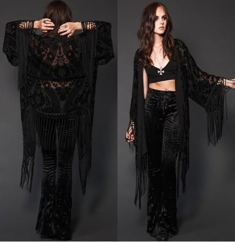 Boho Vampire Aesthetic, Goth Bell Bottoms Outfit, Goth Bell Bottoms, Black Hippy Outfits, Bohemian Black Outfit, Bohemian Goth Fashion, Goth Kimono Outfit, Goth Boho Aesthetic, Witchy Pants Outfit