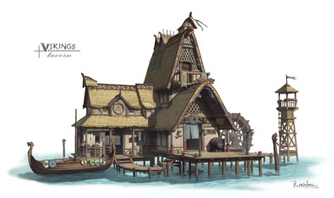 ArtStation - vikings#4, nydia ni Norse Architecture Concept Art, Viking Town Concept Art, Viking Building Concept Art, Houses Concept Art, Nordic Castle, Viking Castle, Viking Buildings, Viking Houses, Village Minecraft