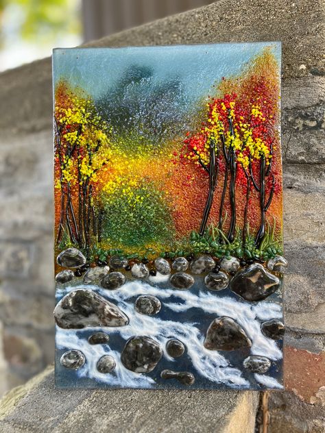 Created with guidance from Nadine Booth. Nature Scape, Frit Painting, Glass Fusing Projects, Glass Fusion, Glass Fusing, Glass Projects, Acrylic Abstract, Landscape Scenery, Fused Glass Art