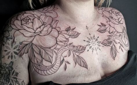 Full Chest Tattoos For Women, Full Chest Tattoo Female, Center Chest Tattoo Female, Chestpiece Tattoo, Chest Piece Tattoo, Covered In Tattoos, Full Chest Tattoos, Shoulder Piece, Chest Piece Tattoos