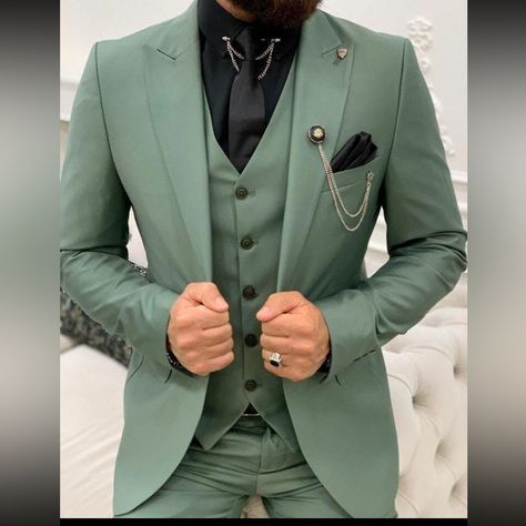 Sage Suits Wedding, Emerald Green Wedding Suit Groomsmen, Eucalyptus Green Suit, Mens Sage Green Suit, Fairy Wedding Suit, Unique Men’s Suits, Tropical Wedding Suit, Sage Green Tuxedo Wedding, Sage Green Suit Wedding