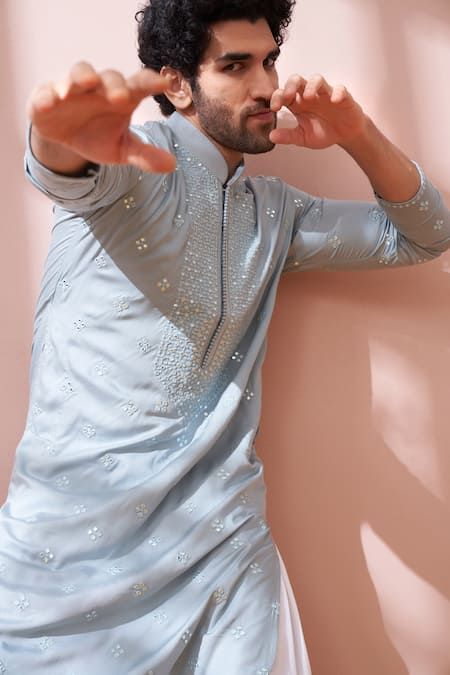 Buy Blue Rayon Embroidered Mirror Work Pathani Kurta Set For Men by Kora By Nilesh Mitesh Online at Aza Fashions. Mirror Work Neckline, White Salwar, Kurta Set Men, Gents Kurta Design, Gents Kurta, Mirror Embroidery, Salwar Pattern, Kurta Set For Men, Mens Kurta Designs