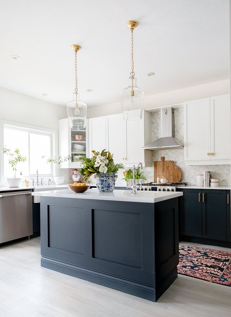 Bright Kitchen Dark Cabinets, Earthy Eclectic Kitchen, Benjamin Moore Midnight Cabinets, Painted Island With White Cabinets, Colored Kitchen Island, Black And White Kitchen Cabinets, Kitchen Island Pendant Lights, Kitchen Pendant Lights, Painted Island