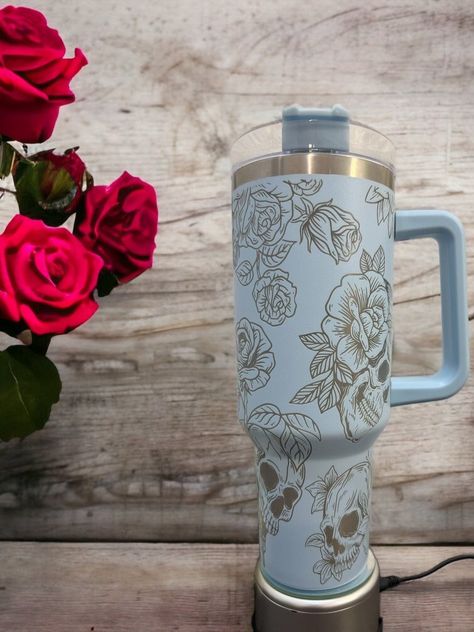 Laser Engraving Tumbler, Laser Engraved Tumblers, Stanley Logo, Engraver Ideas, Floral Drink, Engraving Projects, Flower Boots, Trendy Water Bottles, Engraved Tumblers