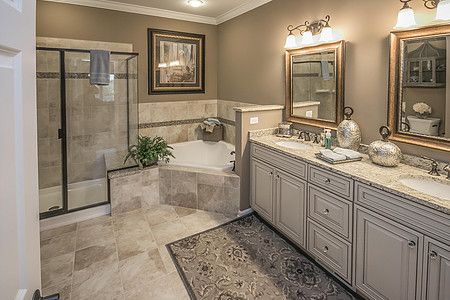 Masterbath design with corner soaker tub! See more bathroom ideas. Bathrooms With Corner Tubs, Bathroom With Soaker Tub Shower Combo, Corner Soaker Tub, Corner Bathtub Ideas, Corner Tub Ideas, Bathroom With Corner Tub, Corner Tub Shower Combo, Soaker Tub Shower Combo, Master Bath Design