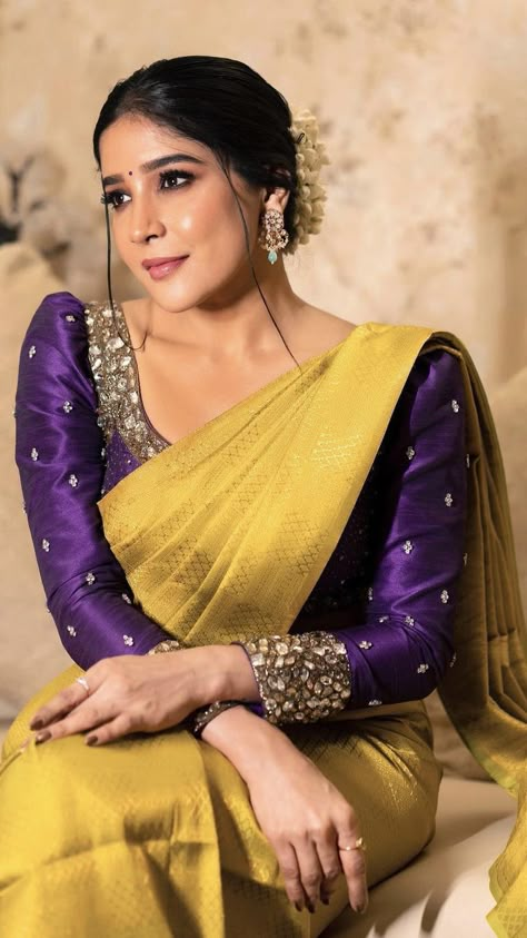 Blouse For Yellow Silk Saree, Yellow Saree With Purple Blouse, Yellow Purple Saree, Dark Purple Saree Blouse Combination, Yellow Contrast Color Combinations, Contrast Blouses For Silk Sarees, Purple Blouse Designs For Saree, Purple Combination Outfits, Purple Colour Blouse Designs