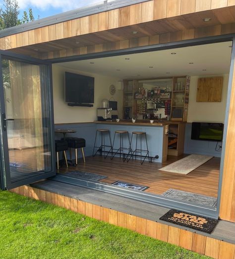 She Shed With Bar, Garden Bar Shed Interior, Garden Cabin Bar Ideas, Back Garden Bar Ideas, Bar Ideas For Shed, Outbuilding Bar Ideas, Garden Bar Ideas Shed, Outside Bar Shed, Man Cave Garden Room