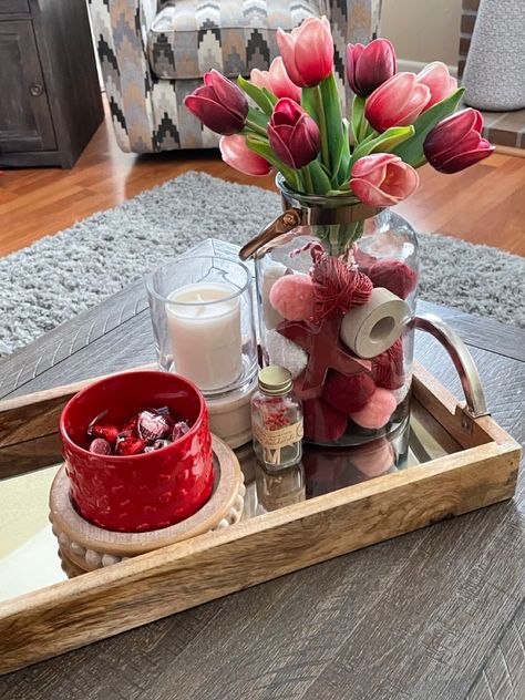 Valentines Center Piece Ideas, Valentine Day Table Centerpieces, Valentine Apartment Decor, Center Piece For Dining Table Valentines, Valentines Day Dining Table Decor, Valentines Console Table Decor, February Table Centerpieces, Valentine's Day Kitchen Decor, Valentines Buffet Decor