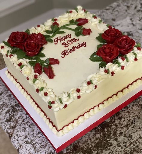 Rectangle Wedding Cake Ideas, Red Velvet Square Cake Design, Fruit On Top Of Cake, Birthday Cake Ideas Rectangle, Birthday Cake For 50 Year Old Women, Cake Squares Decoration, Red Roses Birthday Party Ideas, Square Cake Birthday, Square Cake Ideas