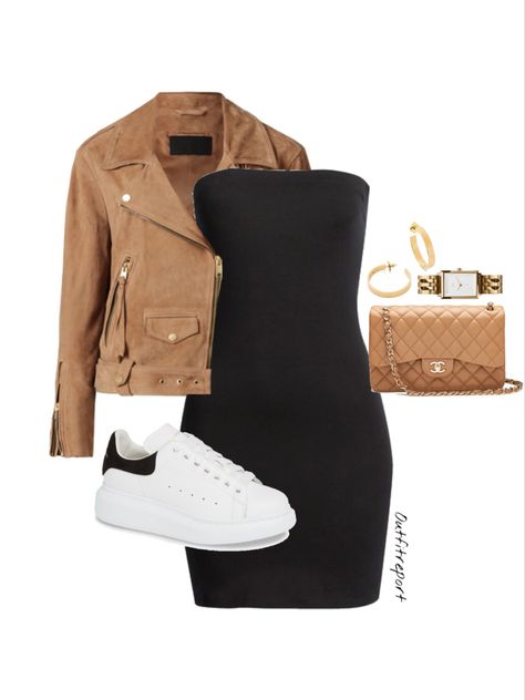 Brown Bodycon Dress Outfit With Jacket, Bags For Dresses Outfit, Casual Polyvore Outfits, Brown Black And White Outfit, Strapless Dress Outfit Casual, Beige Dress Outfit Casual, Black Bodycon Dress Outfit Casual, Bodycon Dress Outfit Casual Sneakers, Polyvore Outfits Dresses