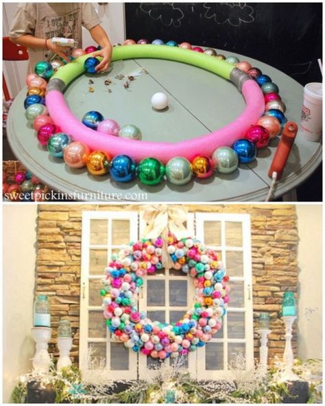 Two pool noodles are better (and bigger!) than one when it comes to wreath-making. The oversized design offers room for a full rainbow of baubles. Get the tutorial at Sweet Pickins »  - GoodHousekeeping.com Diy Christmas Projects, طفلة حديثة الولادة, Christmas Decorating Ideas, Garland Christmas, Christmas Potpourri, Cheap Christmas, Christmas Projects Diy, Pool Noodles, Orange Garland