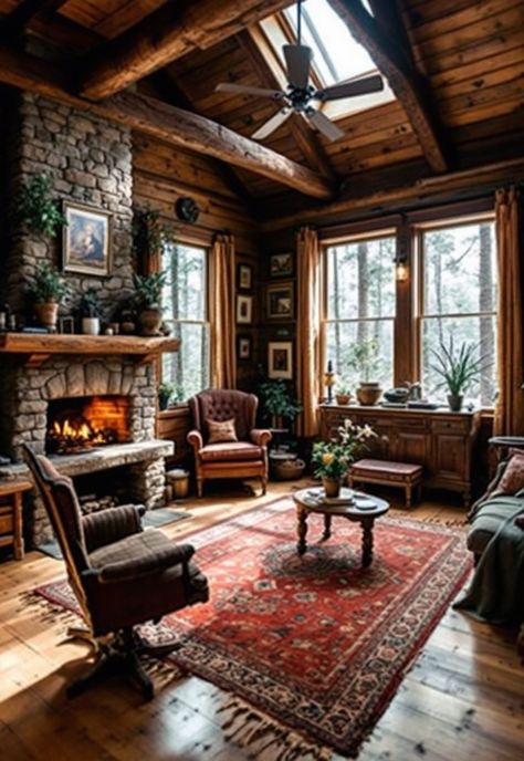 Small Cabin Interior Ideas Log Cabin Vibes, Vermont Cabin Aesthetic, Small Cabin Exterior Ideas, Small Cabin Interior Ideas, Old Cabin Interior, Cabin House Interior, Americana Interior Design, Mountain Cabin Interior, Log Cabin Remodel