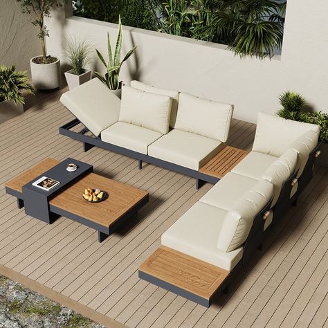 4 Pieces Modern L Shape Outdoor Sectional Sofa Set with Wood Coffee Table in Gray Sala Exterior, Screened Deck, Inspiration Deco, Contemporary Sectional, Patio Couch, Patio Sofa Set, Outdoor Sofa Sets, Outdoor Patio Furniture Sets, Outdoor Couch