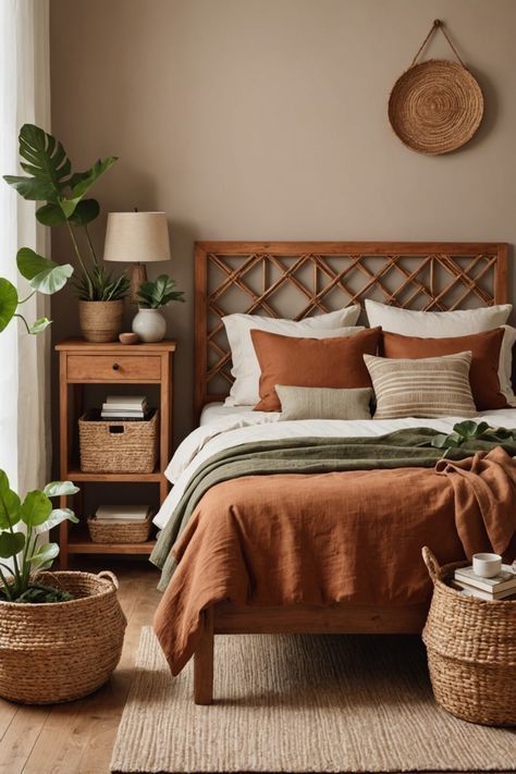 Terra Cotta Bed Sheets, Rust And Cream Bedding, Terracotta And Tan Bedroom, Bedroom Terracotta Bedding, Terracotta Comforter Bedroom Ideas, Orange Wood Bedroom, Brown Bedframe Bedroom, Terracotta And Green Bedding, Rust Color Bedding Ideas