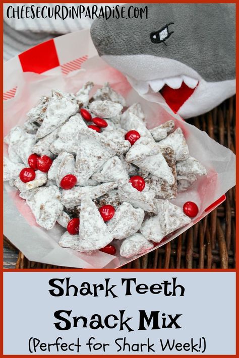 Look no further for a tasty Shark Week inspired recipe! Shark Teeth Snack Mix is coated with chocolate and peanut butter, coated with powdered sugar, and tossed with red chocolate candies. #SharkWeek #Snacks #Chocolate #PeanutButter Scuba Snack Ideas, Easy Shark Week Snacks, Shark Week Snack Ideas, Jaws Themed Snacks, Shark Week Snacks For Kids, Shark Inspired Food, Water Themed Snacks, Shark Snack Ideas, Shark Snacks For Kids