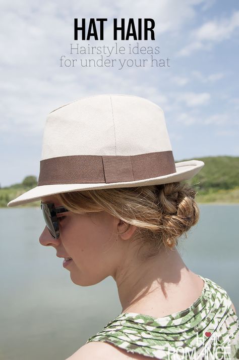 How to avoid hat hair and the best hairstyles to wear under a hat. Updos For Hats, How To Style Hair Under A Hat, How To Style Hair With Sun Hat, Hairstyle For Hats Summer, Pool Hair With Hat, Hair With Sunhat, Derby Hat Hairstyles, Hair For Hats Style, How To Style A Hat Women