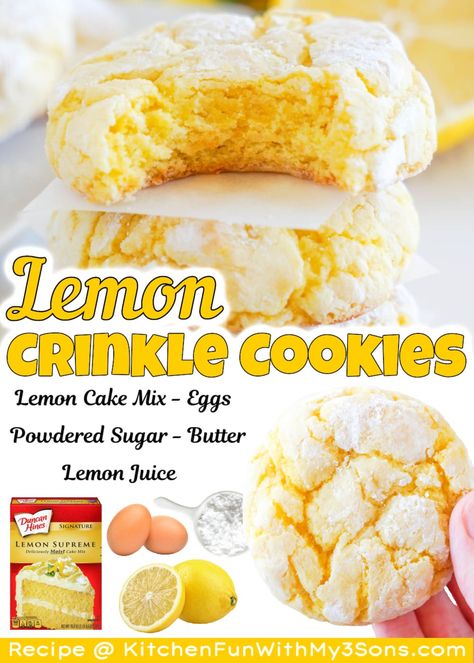 If you are looking for a light and delicious dessert, these Lemon Crinkle Cookies are perfect. They have the right amount of lemon flavor without being overly tart or sweet. Plus, the cake mix makes them incredibly fluffy and cuts down on prep! Crinkle Cookies Recipe Cake Mixes, Crinkle Cookies Cake Mix, Lemon Cake Cookies, Lemon Cake Mix Recipe, Strawberry Cake Mix Cookies, Lemon Cake Mix Cookies, Recipes Unique, Crackle Cookies, Recipes Using Cake Mix