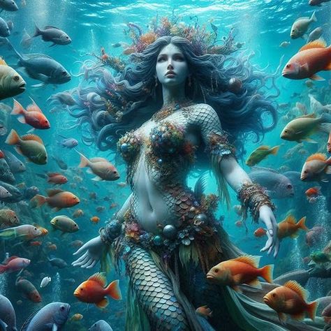 amphitrite goddess2c dressed in scales2c underwater - Créateur d’image de Microsoft Designer Water Nymph Art, Amphitrite Goddess, Mer Folk, Mermaid Goddess, Fairy Ideas, Water Nymphs, Greek Goddess, Greek Gods, Create Sign