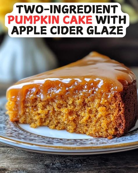 Two-Ingredient Pumpkin Cake with Apple Cider Glaze Pumpkin Cake With Apple Cider Glaze, Pumpkin Cider Recipe, Apple Cider Desserts, Pumkin Cake, Bundt Cake Glaze, Apple Cider Glaze, Pumpkin Cake Mix, Apple Bundt Cake, Glaze For Cake