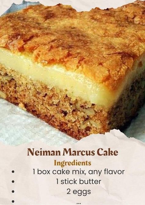 Ina Garten Cooking | Neiman Marcus Cake | Facebook Neiman Marcus Cake, Box Cake Recipes, Boxed Cake Mixes Recipes, Cake Mix Desserts, Stick Butter, Cake Bars, Box Cake Mix, Cake Mix Recipes, Köstliche Desserts