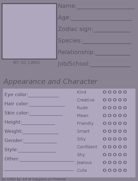 My Oc Card Template, About Character Sheet, Profile Information Template, Character Relationship Card Template, How To Make An Original Character, Profile Base Reference, Oc Inspo Aesthetic, Oc Base Free To Use, Profile Card Template Aesthetic