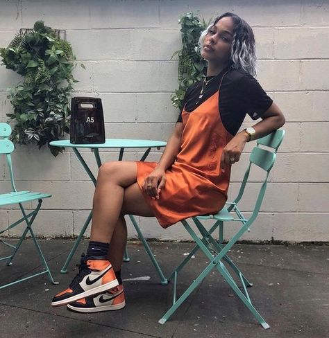 35+ Outfits With Jordans For Women To Wear Right Now Daily Dress Me, Goth Outfit, Sneakers Street, Orange Sneakers, Dresses Fall, Jordan Outfits, Orange Orange, Ropa Diy, Silk Slip