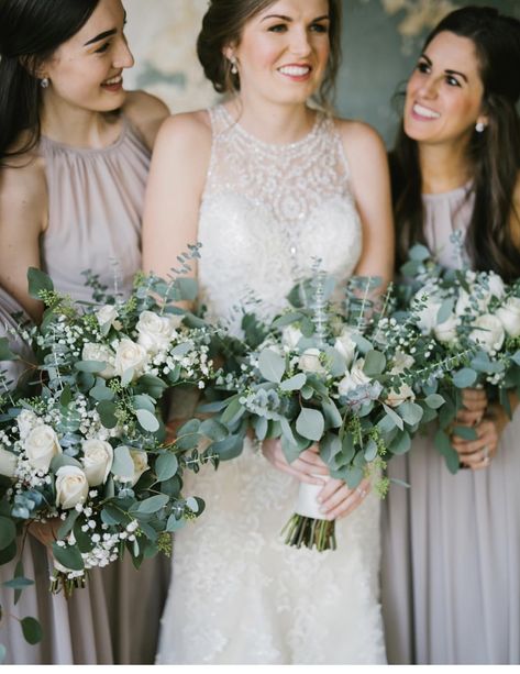 Soft and romantic wedding bouquet; green and white wedding flowers; ivory vendella roses, silver dollar eucalyptus; spiral eucalyptus; seeded eucalyptus and babys breath  Lisa Foster Floral Design   www.lisafosterdesign.com White Carnations And Eucalyptus, Eucalyptus And Carnations Bouquet, Carnation Eucalyptus Bouquet, White And Green Bridesmaid Bouquet, Greenery Bridesmaid Bouquet, Wedding Flowers Pink Roses, Burgundy Carnations, Soft And Romantic Wedding, Green And White Wedding Flowers