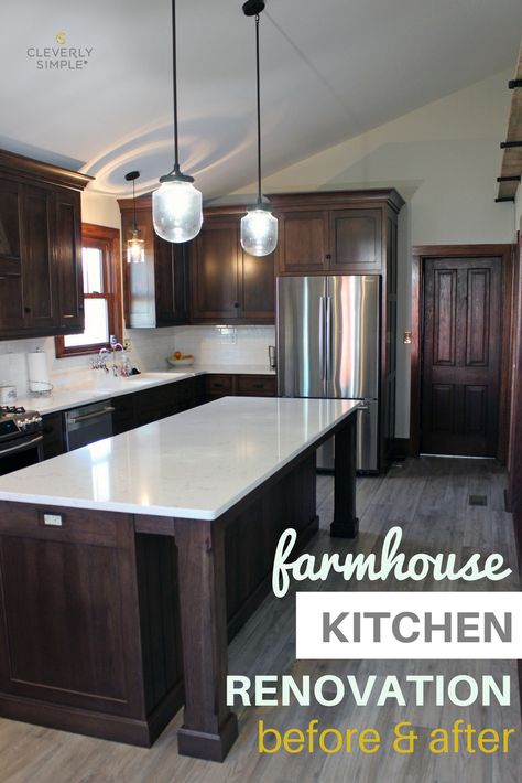 See the before and after pictures of this farmhouse kitchen renovation with dark wood cabinets, quartz countertops and tile floors. Farmhouse Kitchen Renovation, Simple Farmhouse Kitchen, Dark Wood Kitchens, Dark Wood Cabinets, New Kitchen Cabinets, Wood Kitchen Cabinets, Kitchen Cabinets Makeover, Dark Kitchen Cabinets, Tile Floors