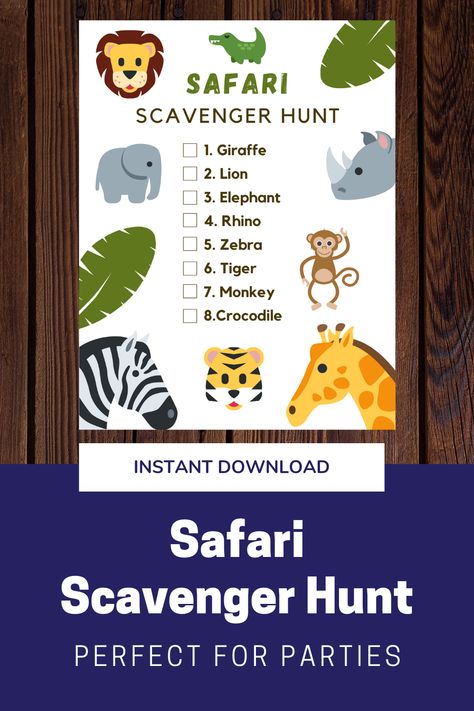 Hide toys or printed pictures and let kids check them off on this fun Safari Scavenger Hunt. Wild One Activities, Safari Scavenger Hunt Free Printable, Zoo Birthday Party Activities, Jungle Birthday Party Games, Animal Themed Party Games, Safari Themed Activities For Kids, Jungle Birthday Games, Safari Birthday Party Activities, Safari Party Activities