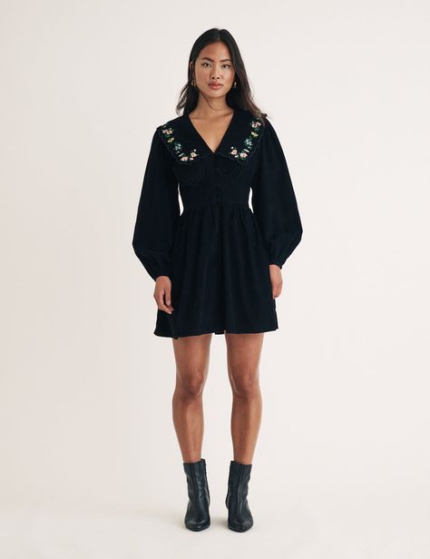 Black Cord Floral Embroidered Birdie Mini Dress Black Dress Accessories, Embroidery On Black, Cord Dress, Black Print Dress, Green Gingham, Black Knit Dress, Iconic Dresses, Essential Dress, Mini Skater Dress