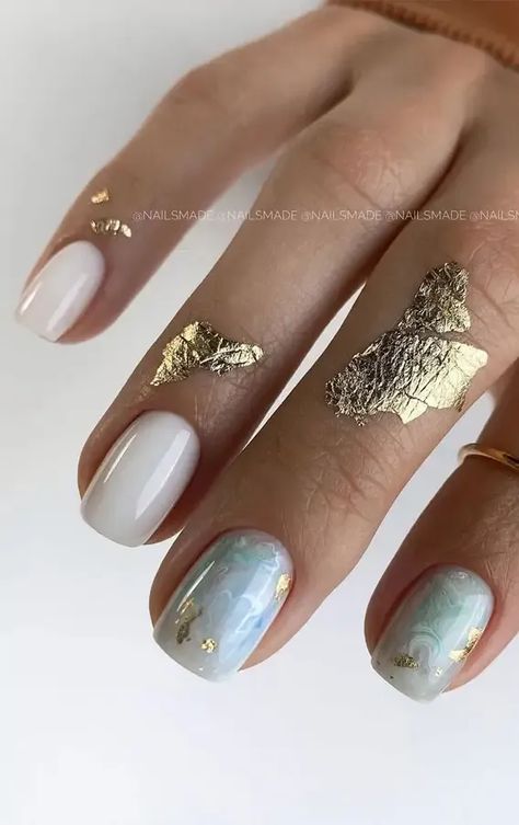 Cloudy Nails Design, Blue And Yellow Marble Nails, Blue Gold Marble Nails, Blue White Marble Nails, White And Blue Marble Nails, Marbled Nail Designs, Light Blue Marble Nails, Milky White Marble Nails, Cute Marble Nails