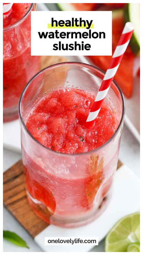 This healthy watermelon slushie recipe is packed with summery flavors and a frosty texture. Made with nourishing ingredients like frozen watermelon, fresh lime juice, and fresh mint, they're the perfect frozen drink to cool off with on a hot summer day! Get the recipe for this healthy summer drink (plus a few variations to try!) at One Lovely Life Watermelon Frozen Drink, Frozen Watermelon Drinks With Alcohol, Healthy Slushie Recipe, Slushie Recipe Blender, Drinks With Watermelon, Watermelon Slushy Recipe, Frozen Watermelon Recipes, Watermelon Mint Drink, Healthy Slushies