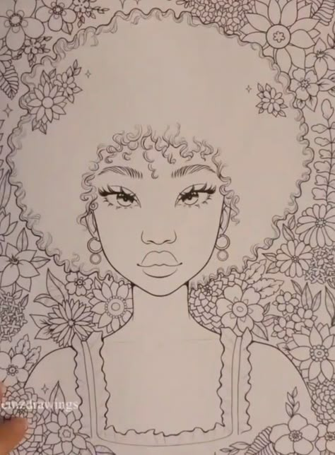 Curly Fro Drawing, Black Women Drawings Sketch Pencil, Girl With Afro Drawing, Black Woman Drawing Pencil, Curly Black Hair Drawing, Black Women Art Drawings Pencil, Curly Afro Drawing, Afro Drawing Tutorial, How To Draw An Afro