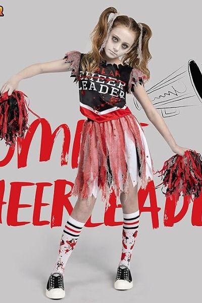 uper Value Pack: This zombie cheerleader costume set includes 1 black and red top, 1 skirt, 2 hair ties, 2 pompoms, and 1 pair of socks. Transform into a spooky and undead cheerleader with this dark zombie cheerleader costume.
Quality: Crafted from 100% polyester and safety test approved materials, this dark red dress ensures durability, comfort, and an enchanting look. The high-quality fabric will keep you comfortable while you cheer on. Dead Cheerleader Costume, Halloween Cheerleader Costume, Cheerleader Costume Kids, Girl Zombie Costume, Halloween Cheerleader, Zombie Cheerleader Costume, Adult Dinosaur Costume, Girls Cheerleader Costume, Kids Dinosaur Costume