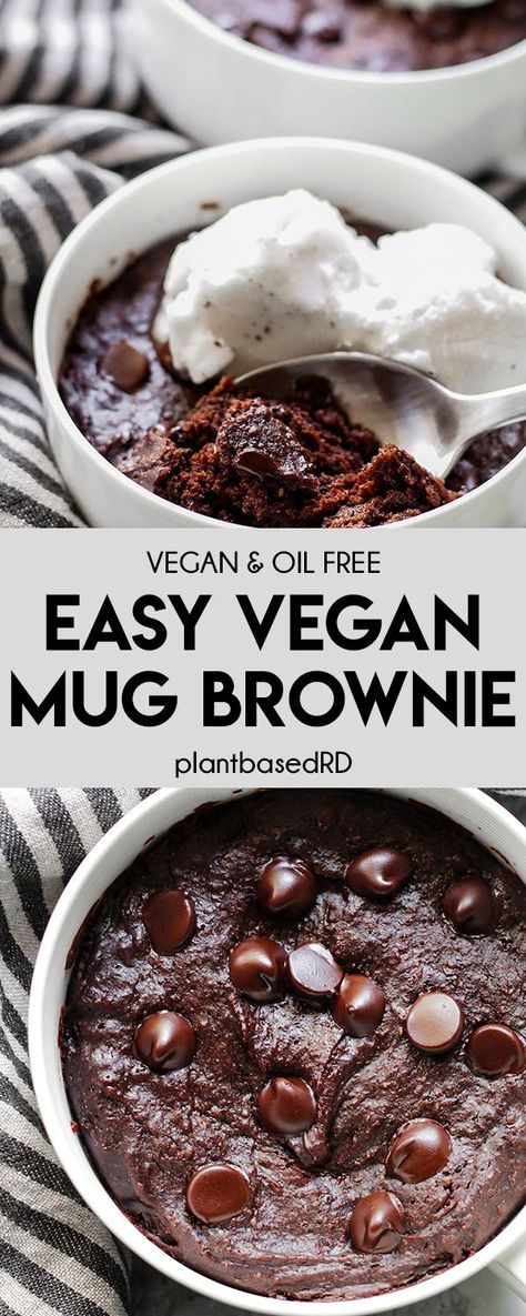 Easy Vegan Mug Brownie (vegan & oil free) – Plant Based RD Plant Based Chocolate Cake, Vegan Plant Based Desserts, Gluten Free Plant Based Desserts, Oil Free Brownies, Wfpb Mug Cake, Vegan Mug Meals, Oil Free Plant Based, 5 Minute Vegan Dessert, Vegan Brownie In A Mug