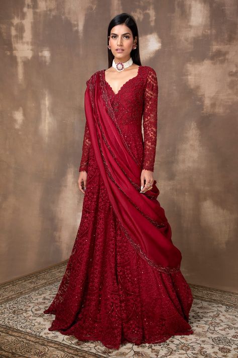 Buy Embroidered Anarkali with Organza Drape by Ridhima Bhasin at Aza Fashions Ridhima Bhasin, Red Anarkali, Red Drapes, Zardozi Work, Embroidered Anarkali, Plunging Neck, Embroidered Neckline, Indian Designer Outfits, Indian Wedding Dress