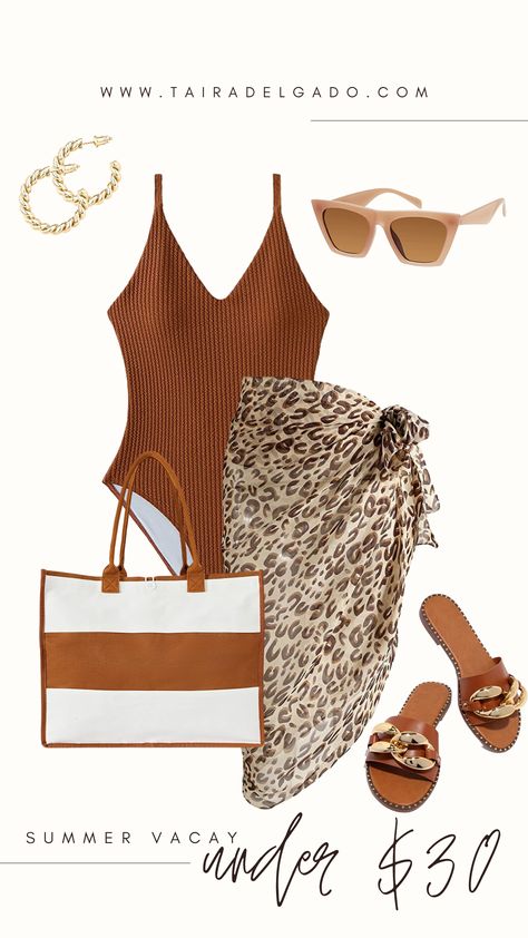 Clothes For The Beach Vacation Outfits, Fancy Beach Dinner Outfit, Safari Honeymoon Outfit, Resort Chic Outfit, Holiday Outfits Summer Mid Size, Brown Swimsuit Outfit, Dinner At The Beach Outfit, Jamaica Resort Outfits, Old Money Swimwear