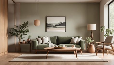 Scandinavian Green Living Room, Japandi Design Living Room, Japandi With Color, Green Color Palette Living Room, Living Room Japandi, Japandi Color Palette, Blush Living Room, Japandi Living Room, Color Palette Living Room