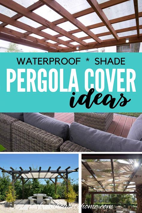 These DIY waterproof pergola cover ideas will help provide shade and protect your patio or deck from the rain. Perfect for outdoor entertaining in your backyard. #fromhousetohome   #decks #patios #gardenpaths Diy Backyard Shade Ideas On A Budget, Outdoor Pergola Ideas With Roof, Pergola Covers Ideas, Shaded Pergola Ideas, Deck Rain Cover Ideas, Diy Pergola Covers Waterproof, Diy Pergola Cover, How To Cover A Deck, Gazebo Cover Replacement Diy