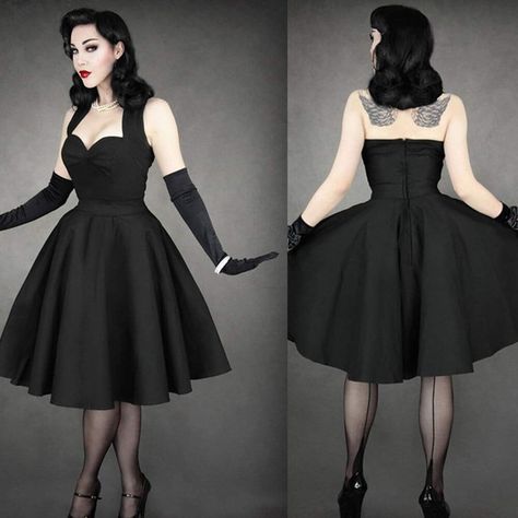 Gothic Graduation Outfit, Goth 50s Housewife, Rockabilly Goth Fashion, 1950s Gothic Fashion, 50s Goth Fashion, Dark 50s Aesthetic, Goth Cocktail Dress, Greaser Women, Goth 1950s